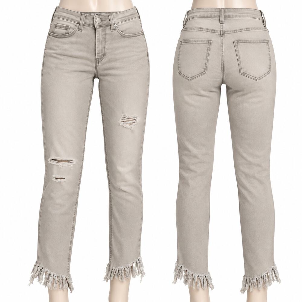 Free People Greige Distressed Fringe Hem Jeans Women's 30 Stretch